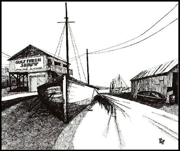 pen and ink drawing of fishing village
