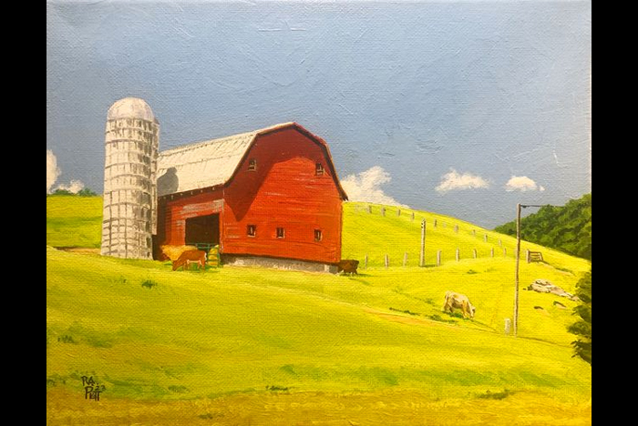 Painting of a red barn on the side of the hill in Banner Elk North Carolina