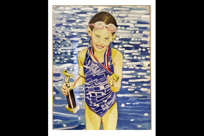 Child swimmer in water color.