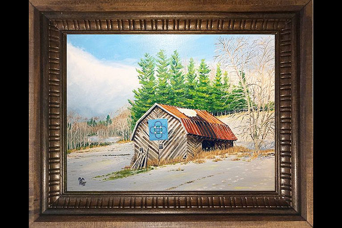 Oil painting of barn in Plum Tree NC in snow.