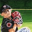 An oil painting of grandson Cash pitching.